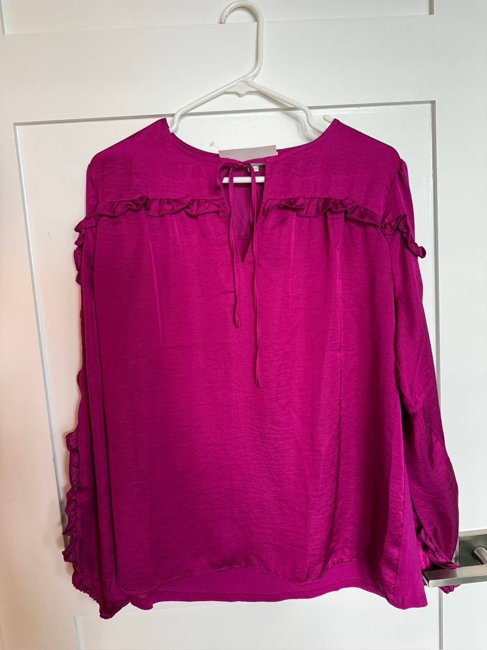 LOFT Magenta Ruffle Tie-Neck Blouse
